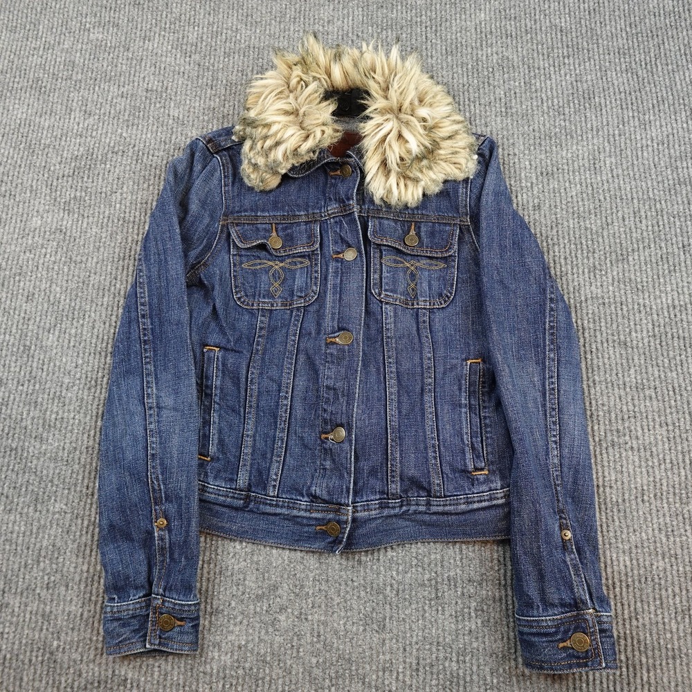 Lauren Ralph Lauren Jacket Womens XS Blue Denim Faux Fur Collar Button Front